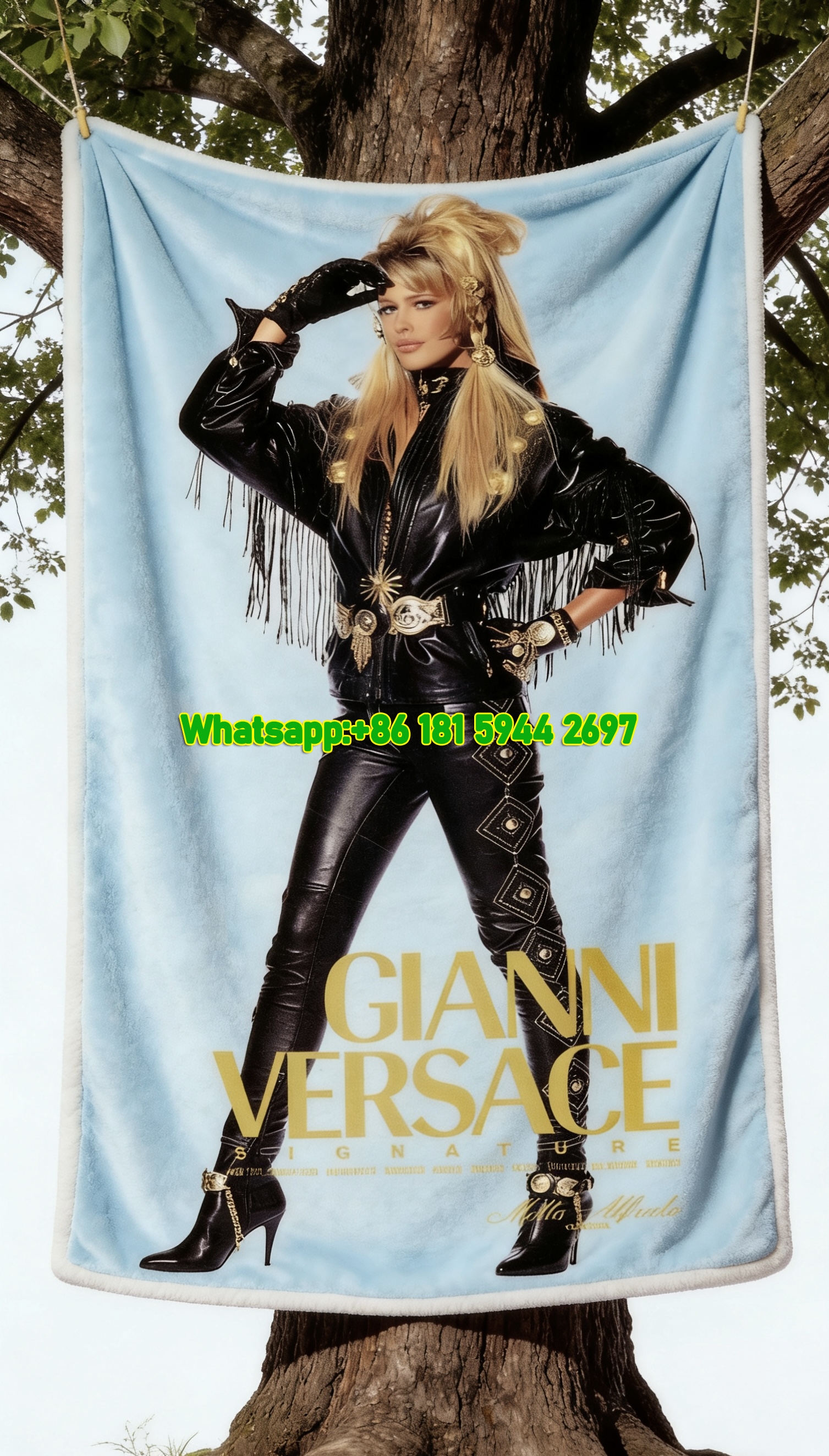 Gianni Versace Black Gold Leather Outfit Print Flannel Sofa Throw Blanket IMG_1636